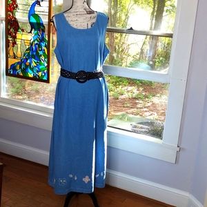 Vintage Koret City Blues Denim Maxi Dress With Embroidered Hemline Sundress